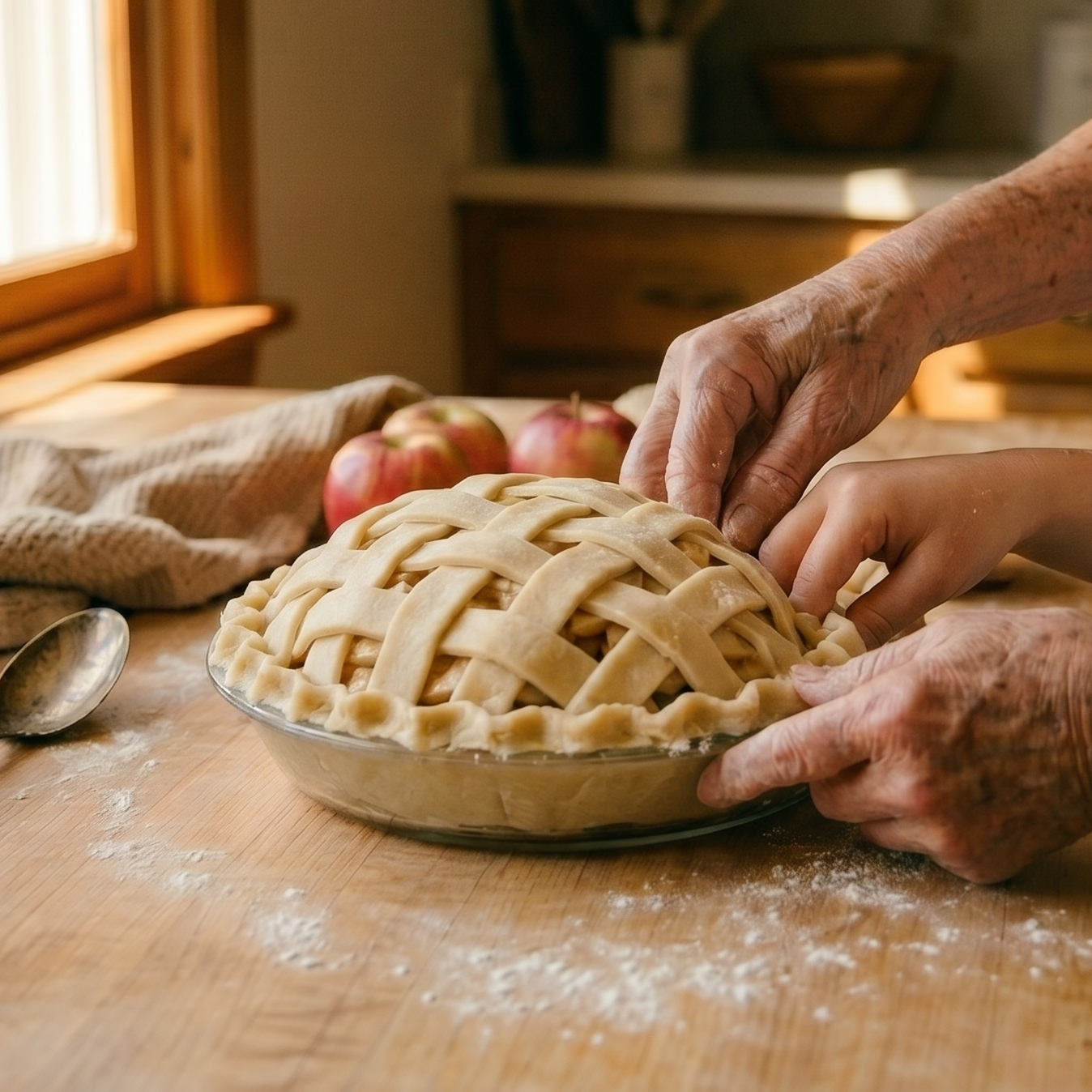 Hands weaving a lattice pie crust